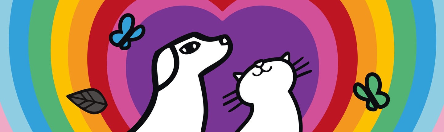 Illustration of a dog and a cat in a heart-shaped rainbow