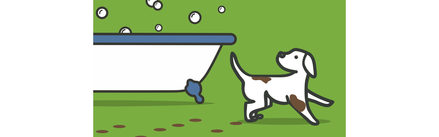 illustration of a muddy dog and a bathtub