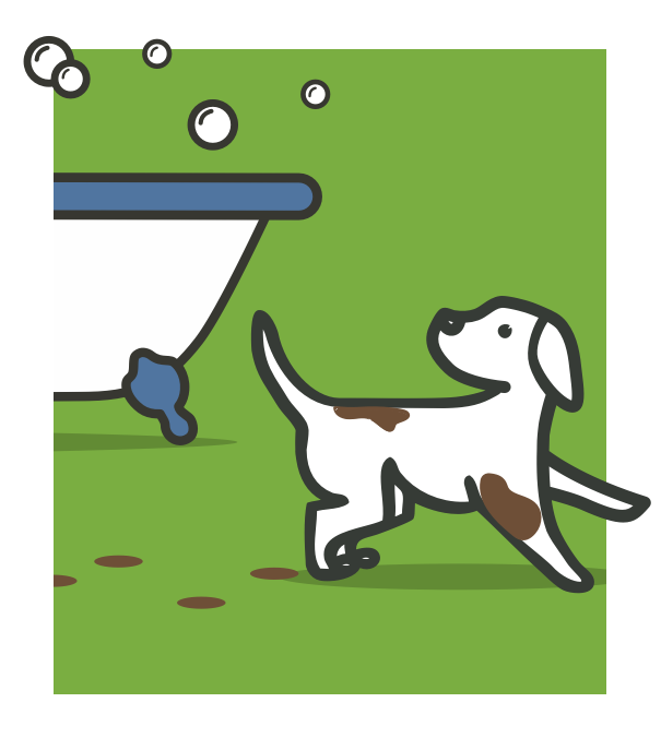 illustration of a muddy dog and a bathtub