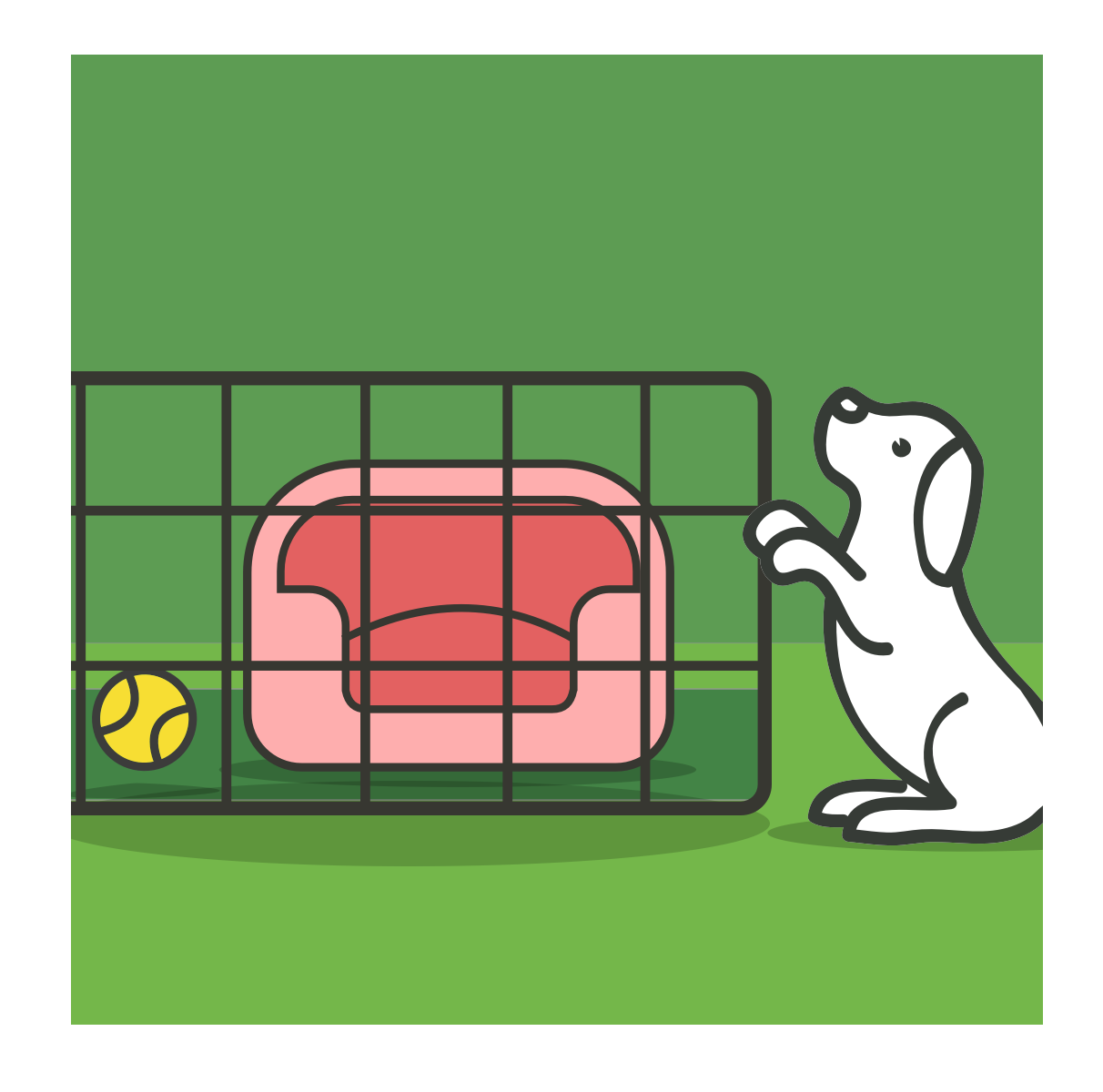 Illustration of a dog crate containing bedding and dog toy