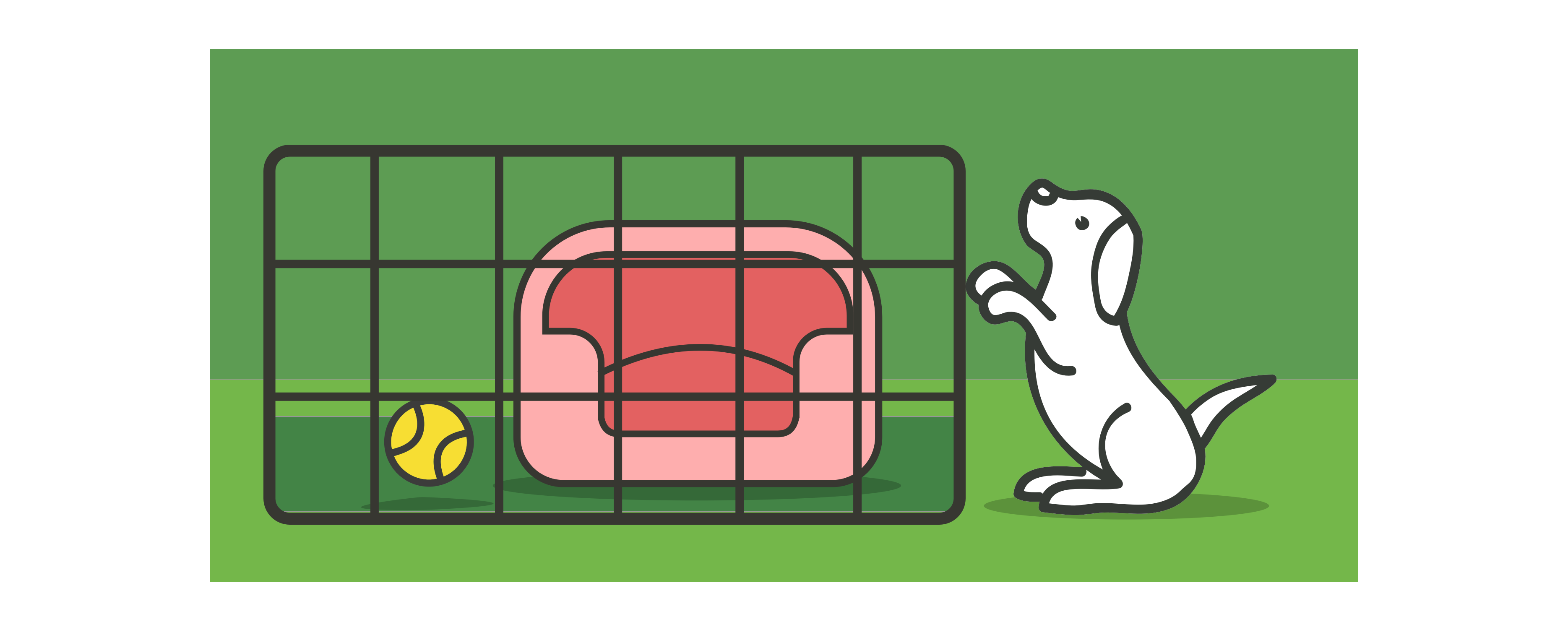 Illustration of a dog crate containing bedding and dog toy